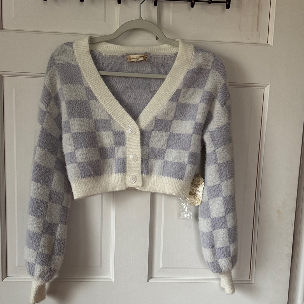 Altar'd State Cream and Purple Checkered Cropped Cardigan - Picture 2 of 13